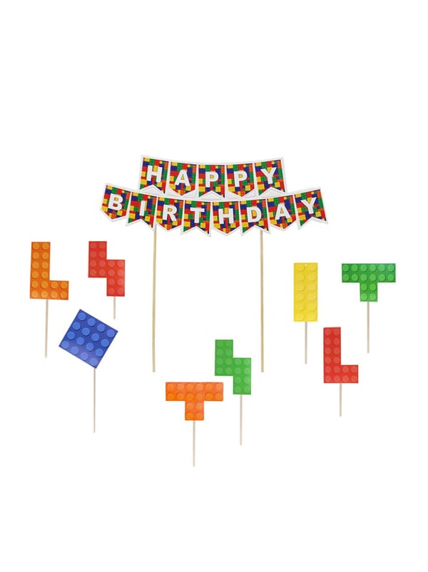 Renkli Lego Temalı Happy Birthday Kürdan Pasta Süsü 9'lu