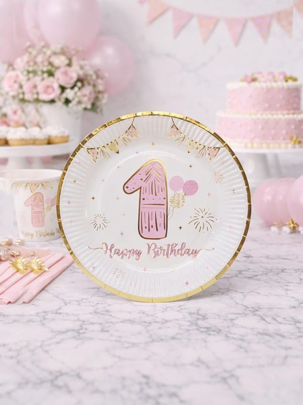 1 Yaş Tabak Pembe-Gold 6'Lı - Karton Tabaklar | Parti Adresi