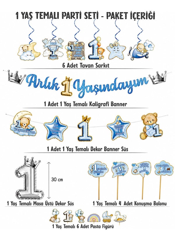 1 Yaş Temalı Erkek Bebek Doğum Günü Süsleri Parti Paketi Mavi Gümüş - 1 Yaş Doğum Günü Erkek | Parti Adresi