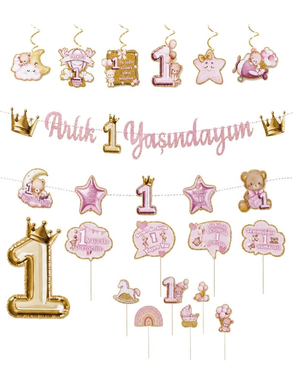 1 Yaş Temalı Kız Bebek Doğum Günü Süsleri Parti Paketi Pembe Gold - 1 Yaş Doğum Günü Kız | Parti Adresi