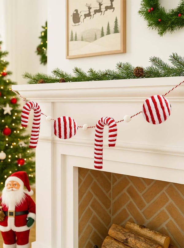 Yılbaşı Dekor Süsleri Baston Şeker Top Figürlü Garland Kırmızı Beyaz 150 cm