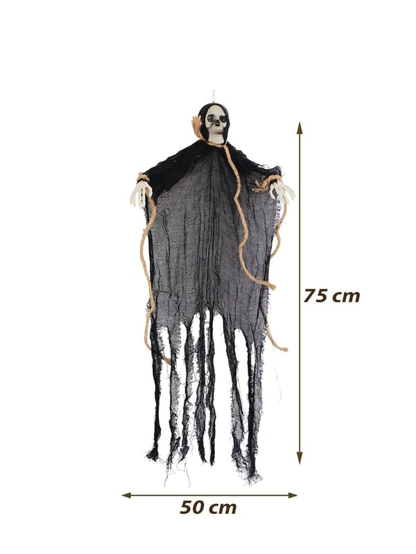 Cadılar Bayramı Kuru Kafa İskelet Figürlü Asılabilir Halloween Parti Dekoru 70 cm Siyah