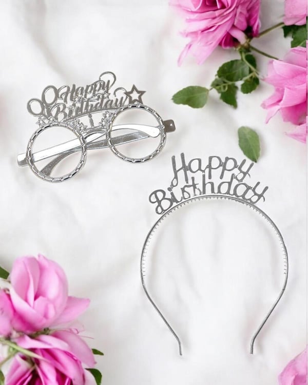 Happy Birthday Taç Gözlük Set Doğum Günü Parti Aksesuarı Gümüş