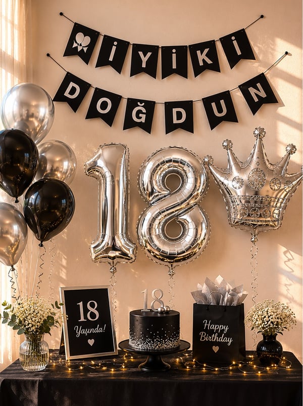18 Yaş Doğum Günü Dekorasyon Seti – Balonlu Parti Seti Siyah Gümüş - 18 Yaş Doğum Günü Partisi | Parti Adresi