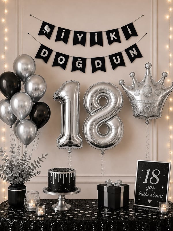 18 Yaş Doğum Günü Dekorasyon Seti – Balonlu Parti Seti Siyah Gümüş - 18 Yaş Doğum Günü Partisi | Parti Adresi