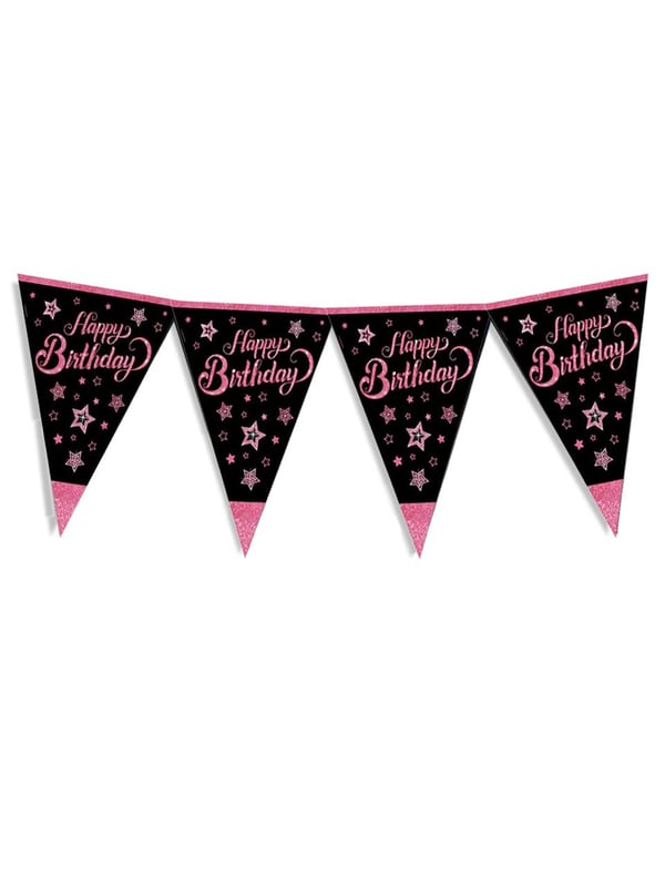Pink Stars Happy Birthday Yazılı Flama Bayrak Asılabilir Doğum Günü Süsü