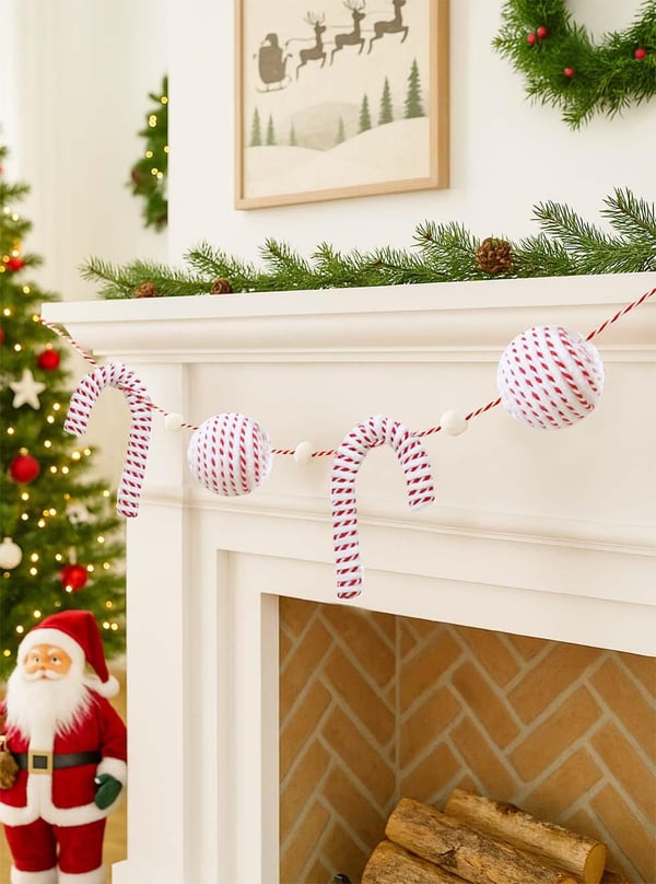 Yılbaşı Dekor Süsleri Baston Şeker Top Figürlü Garland Beyaz Kırmızı 150 cm
