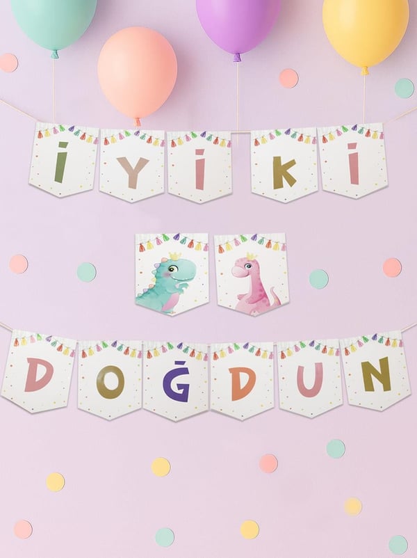 Sevimli Dinozor Temalı İyi Ki Doğdun Yazı Banner Doğum Günü Parti Süsü