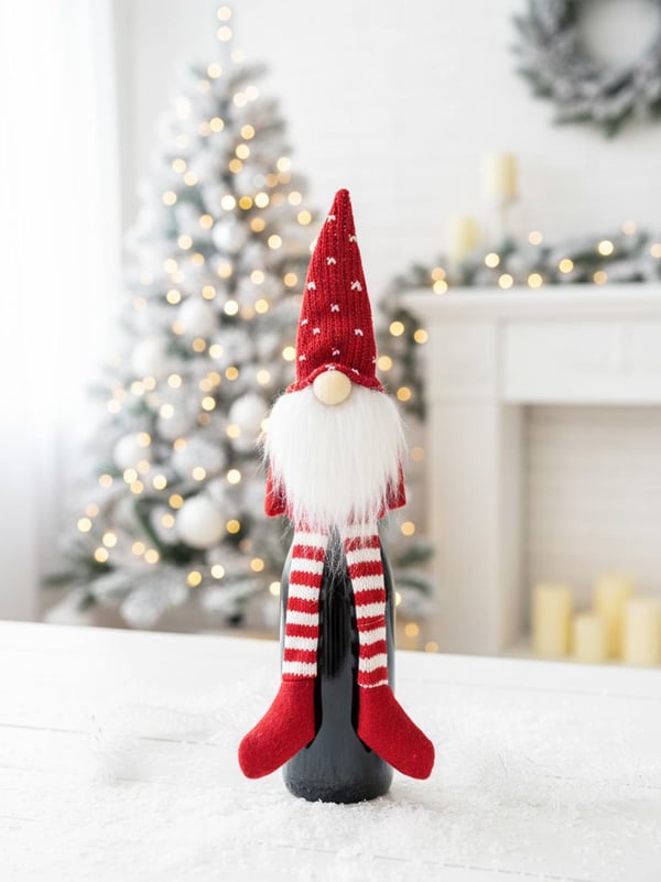 Yılbaşı Temalı Dekoratif Şişe Elbisesi – Noel Cücesi Figürlü Dekor 32 cm