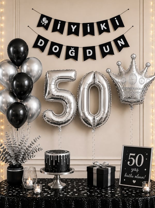50 Yaş Balon Seti Doğum Günü Parti Seti Siyah Gümüş - Parti Seti | Parti Adresi