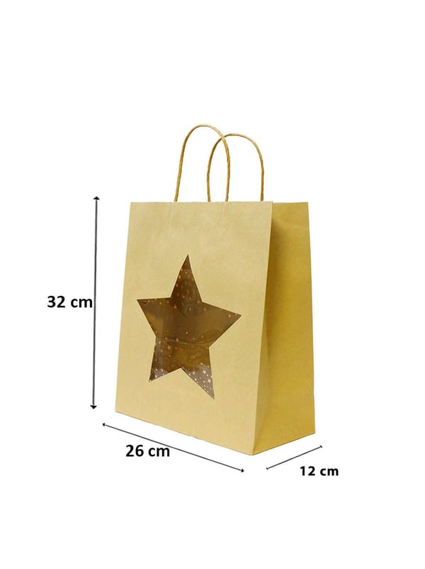 Karton Çanta Yıldız Pencereli Alışveriş Çantası Hediye Çantası Kraft 26x32x12 cm 20'li