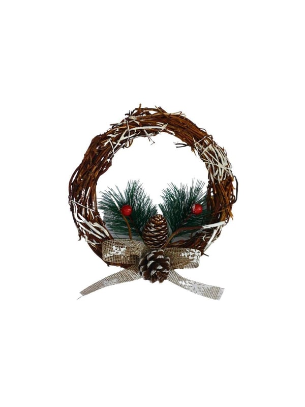 Yılbaşı Kapı Süsü Karlı Çalılı Naturel Kozalaklı Dekoratif Çelenk 15 cm