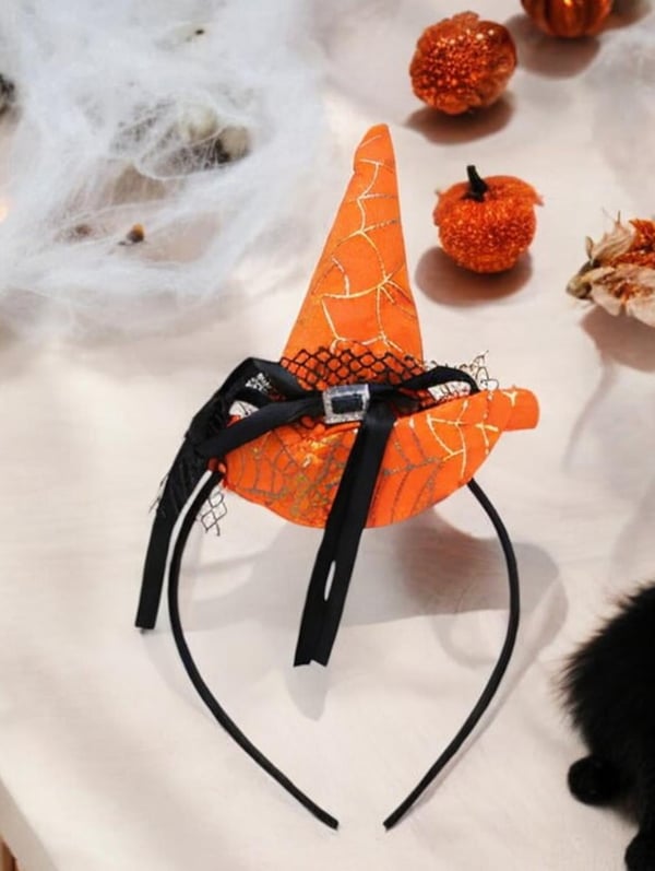 Cadı Şapkalı Halloween Parti Tacı Tüllü Cadılar Bayramı Aksesuarı Turuncu