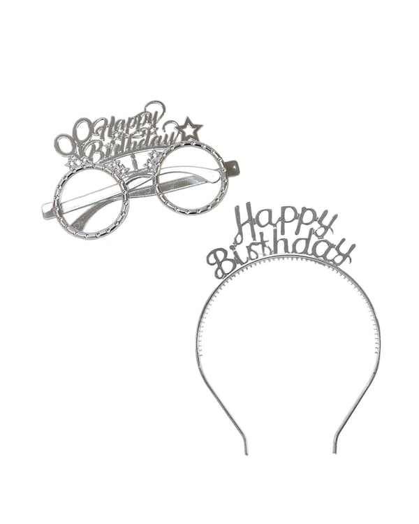 Happy Birthday Taç Gözlük Set Doğum Günü Parti Aksesuarı Gümüş