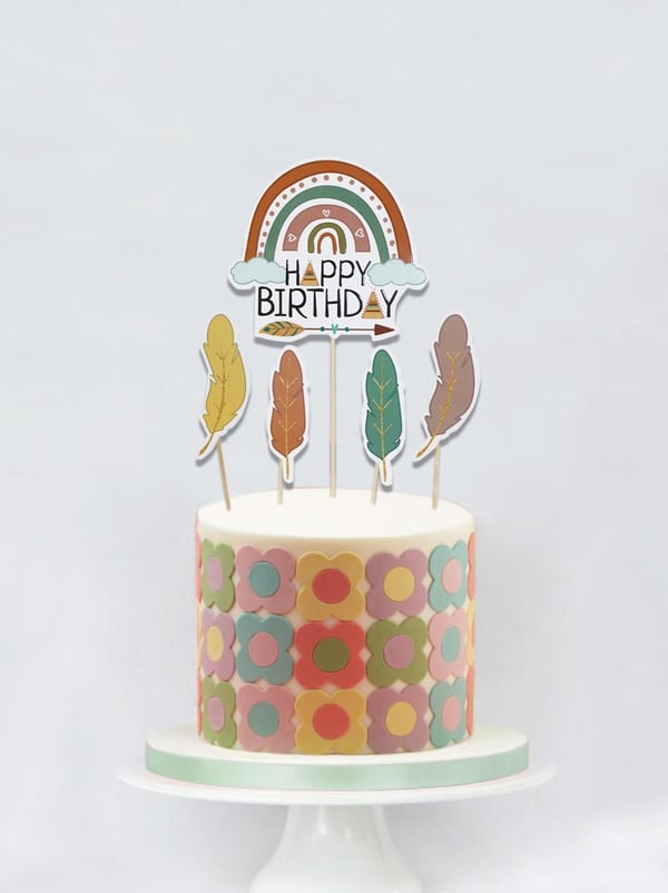 Retro Temalı Kürdan Happy Birthday Pasta Süsü 5'li