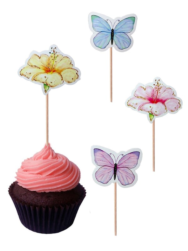 Kelebek Çiçek Temalı Kürdan Makaron Renkli Cupcake Kürdanı Pasta Süsü 10'lu