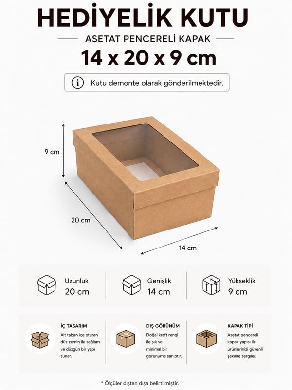 Asetat Pencereli Kraft Kutu Hediye Kutusu 14X20X9 Cm - Kraft ve Asetat Kutular | Parti Adresi
