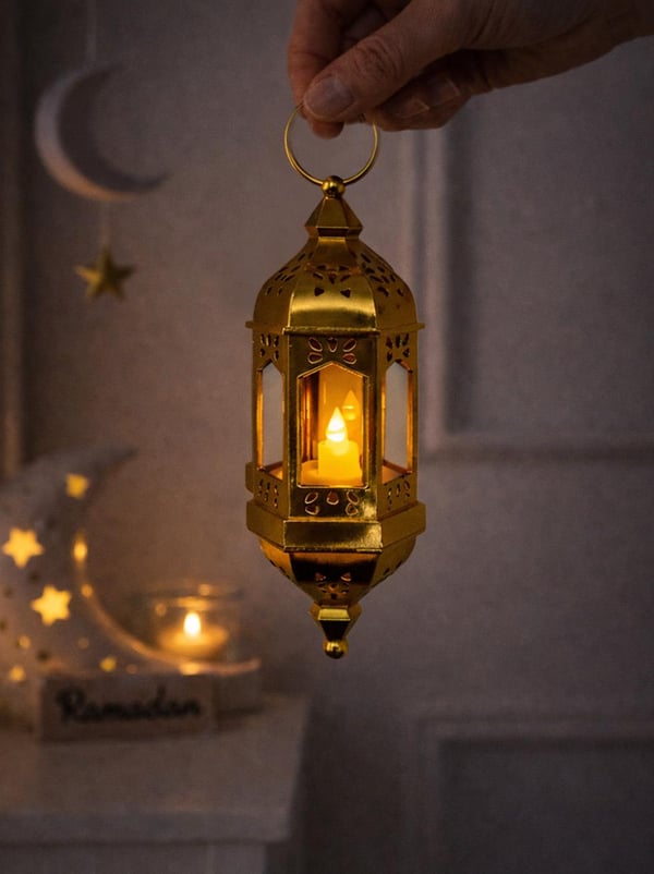 Asılabilir Ramazan Temalı Led Işıklı Pilli Dekoratif Fener – Altın 20 cm - Ramazan Bayramı | Parti Adresi