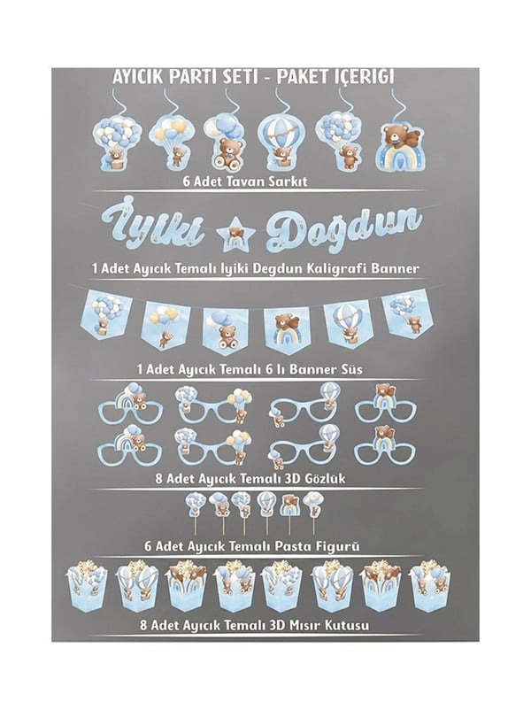Ayıcık Temalı Doğum Günü Parti Seti – İyi Ki Doğdun Parti Süsleme Paketi Mavi - Parti Seti | Parti Adresi