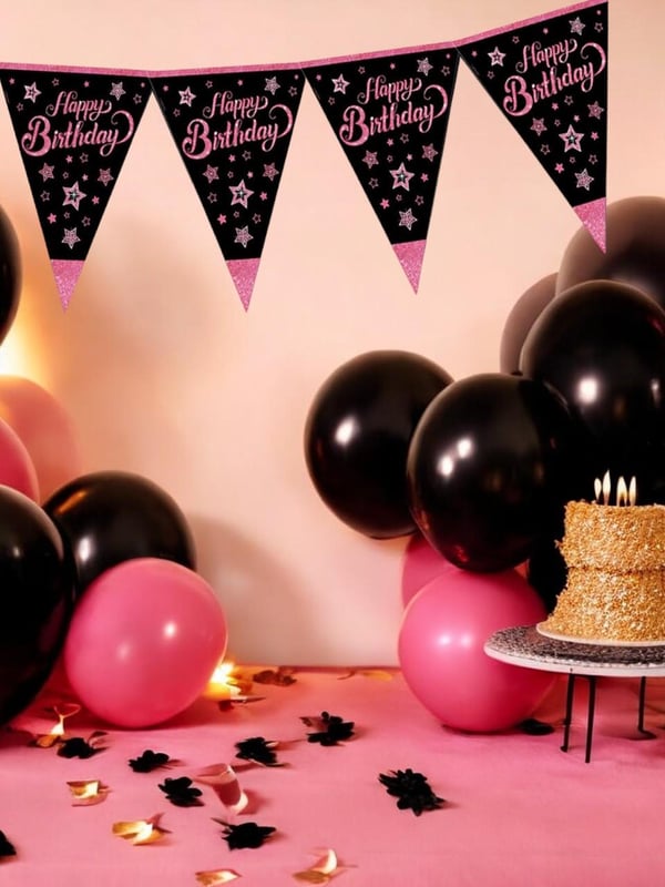 Pink Stars Happy Birthday Yazılı Flama Bayrak Asılabilir Doğum Günü Süsü
