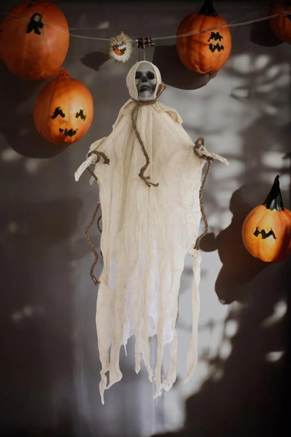Cadılar Bayramı Kuru Kafa İskelet Figürlü Asılabilir Halloween Parti Dekoru 70 cm Beyaz