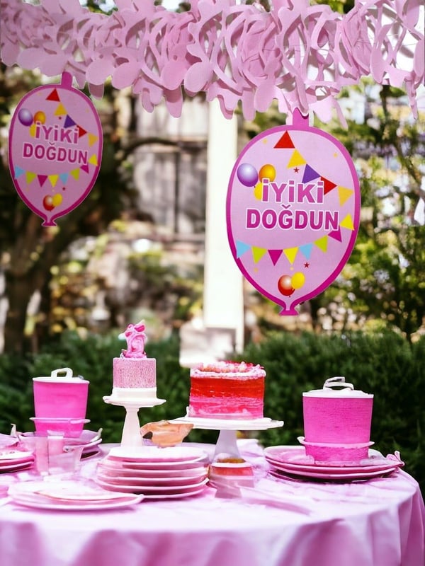 Kağıt Zincir İyi Ki Doğdun Doğum Günü Parti Süsü Pembe 50'li