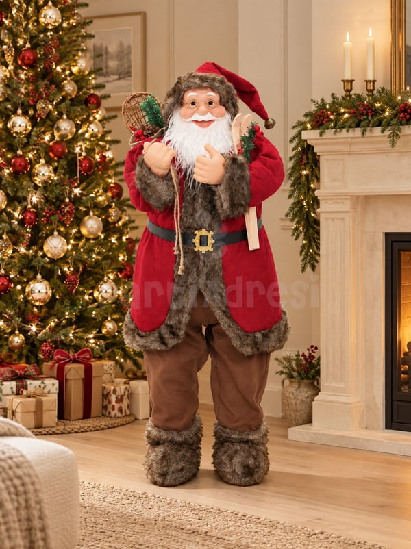 Büyük Boy Noel Baba Figürü 120 cm – Kürk Detaylı Rustik Yılbaşı Dekoru - Noel Baba/Kardan Adam | Parti Adresi