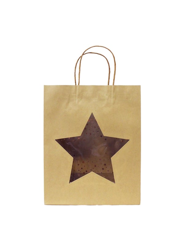Karton Çanta Yıldız Pencereli Alışveriş Çantası Hediye Çantası Kraft 26x32x12 cm