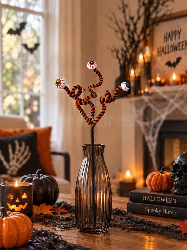 Cadılar Bayramı Göz Figürlü Dekor Dalı – Spiral Masa ve Vazo Süsü Turuncu 40 cm - Halloween Kapı Süsü & Dekoratif Süsler | Parti Adresi