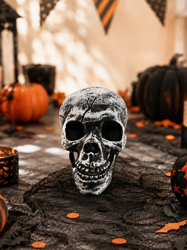 Cadılar Bayramı Kuru Kafa Dekoru – Plastik Halloween Parti Süsü 15 cm - İskeletler | Parti Adresi