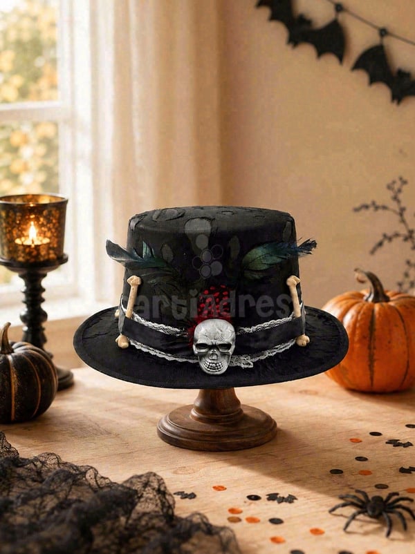Cadılar Bayramı Kuru Kafalı Şapka – Halloween Kostüm ve Parti Aksesuarı Siyah - Cadı Şapkası ve Taçları | Parti Adresi