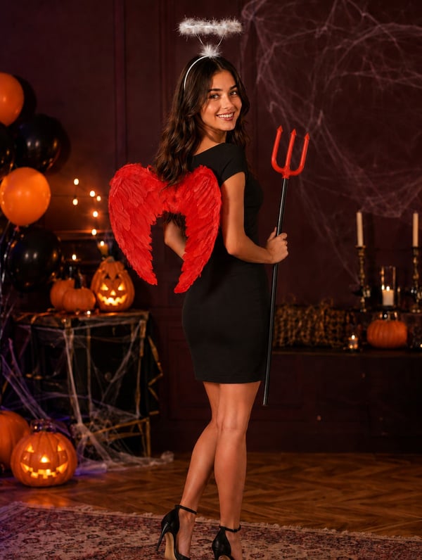 Cadılar Bayramı Melek Şeytan Kostüm Seti  –  Kırmızı Kanat Beyaz Hale ve Mızrak 3'lü Set - Halloween Setler ve Folyo Balon | Parti Adresi