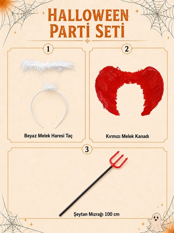 Cadılar Bayramı Melek Şeytan Kostüm Seti  –  Kırmızı Kanat Beyaz Hale ve Mızrak 3'lü Set - Halloween Setler ve Folyo Balon | Parti Adresi