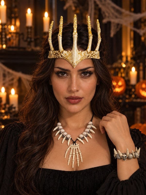 Cadılar Bayramı Parti Aksesuar Seti  –  3'lü Kemik Kostüm Seti Kolye Bileklik El Tacı - Halloween Setler ve Folyo Balon | Parti Adresi