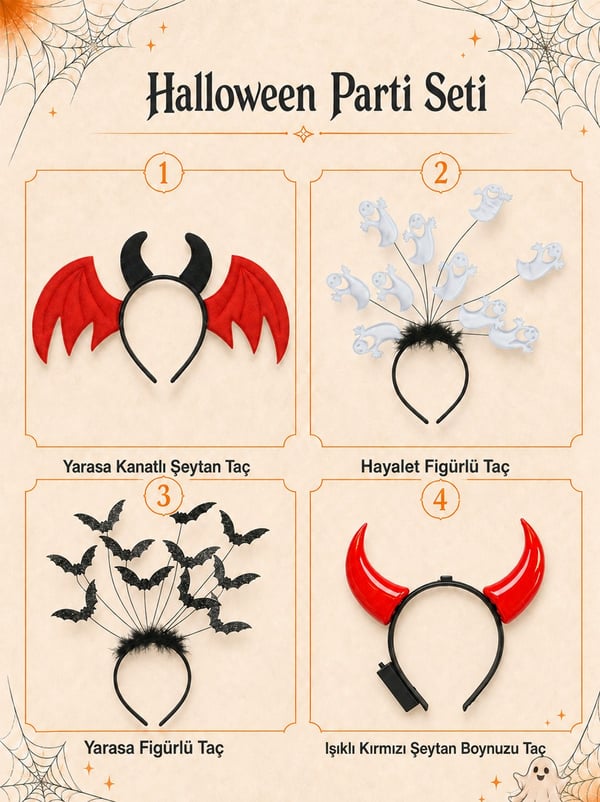 Cadılar Bayramı Parti Tacı Seti  –  Işıklı Şeytan Boynuzu Hayalet ve Yarasa Taç  - Halloween Setler ve Folyo Balon | Parti Adresi