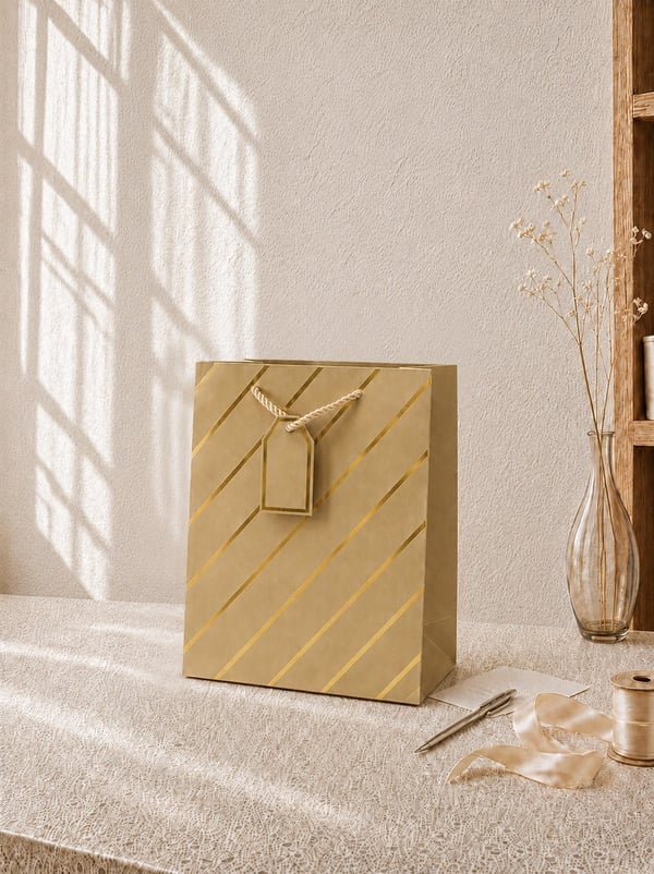 Çizgili Karton Hediye Çantası – Etiketli Lux Alışveriş Çantası Altın 26x32x12 cm - Desenli Karton Çanta | Parti Adresi