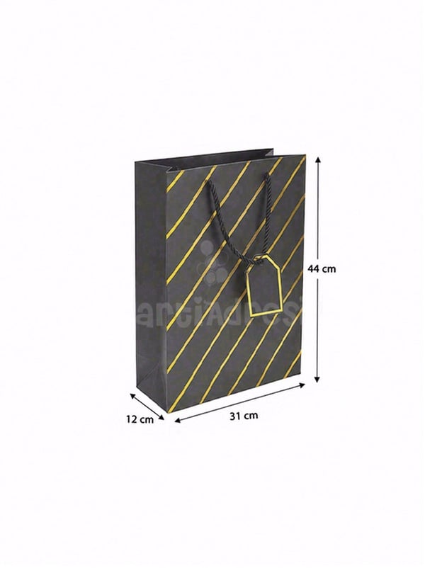 Çizgili Karton Hediye Çantası – Etiketli Lux Alışveriş Çantası Siyah 31x44x12 cm - Desenli Karton Çanta | Parti Adresi