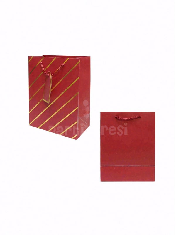 Çizgili Karton Hediye Çantası – Etiketli Lux Alışveriş Çantası Bordo 18x23x10 cm - Desenli Karton Çanta | Parti Adresi