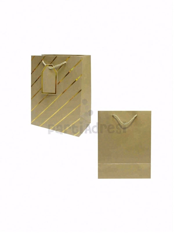 Çizgili Karton Hediye Çantası – Etiketli Lux Alışveriş Çantası Altın 18x23x10 cm - Desenli Karton Çanta | Parti Adresi