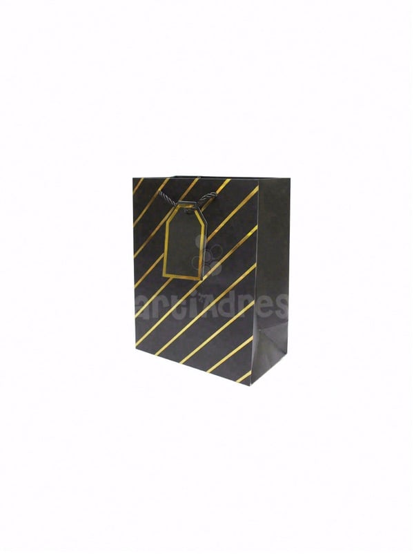 Çizgili Karton Hediye Çantası – Etiketli Lux Alışveriş Çantası Siyah 18x23x10 cm - Desenli Karton Çanta | Parti Adresi