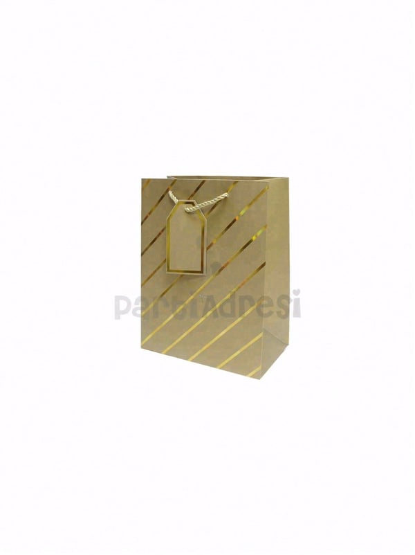 Çizgili Karton Hediye Çantası – Etiketli Lux Alışveriş Çantası Altın 18x23x10 cm - Desenli Karton Çanta | Parti Adresi
