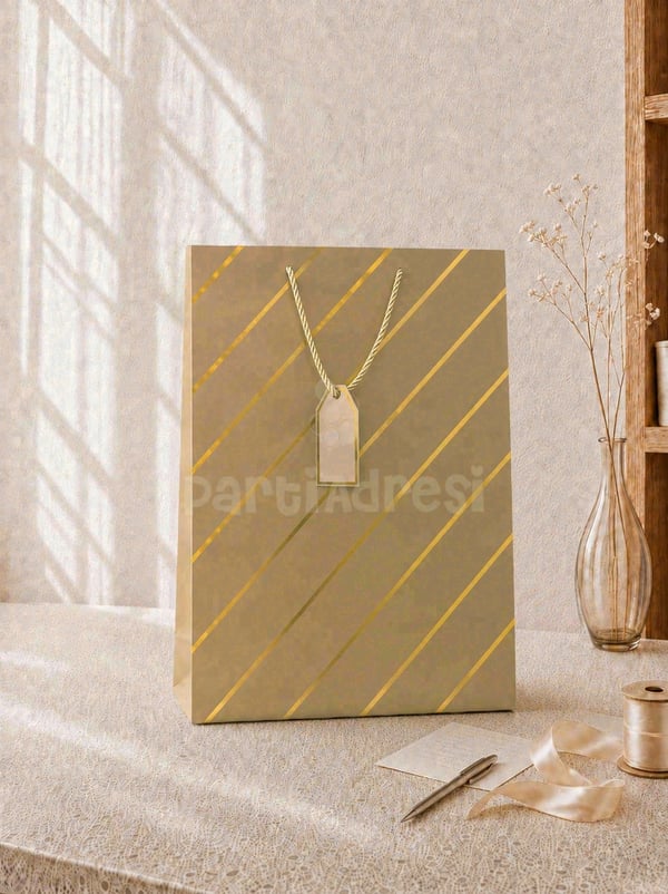 Çizgili Karton Hediye Çantası – Etiketli Lux Alışveriş Çantası Altın 31x44x12 cm - Desenli Karton Çanta | Parti Adresi