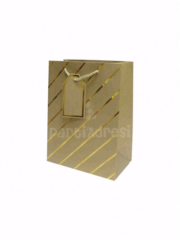 Çizgili Karton Hediye Çantası – Etiketli Lux Alışveriş Çantası Altın 31x44x12 cm - Desenli Karton Çanta | Parti Adresi