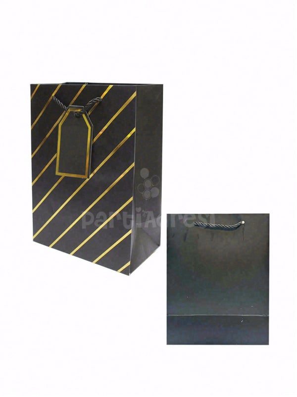 Çizgili Karton Hediye Çantası – Etiketli Lux Alışveriş Çantası Siyah 31x44x12 cm - Desenli Karton Çanta | Parti Adresi