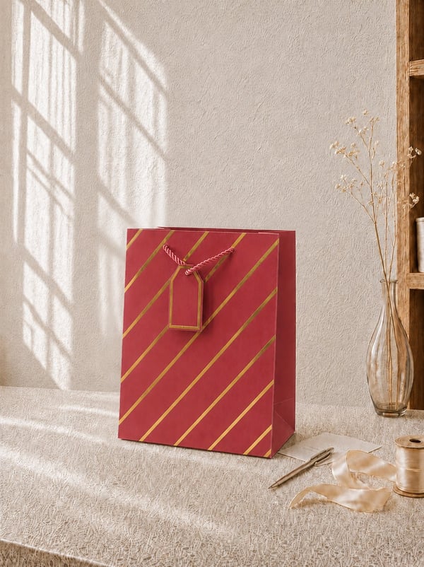 Çizgili Karton Hediye Çantası – Etiketli Lux Alışveriş Çantası Bordo 26x32x12 cm - Desenli Karton Çanta | Parti Adresi