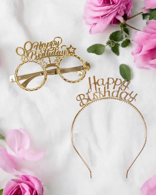 Happy Birthday Taç Gözlük Set Doğum Günü Parti Aksesuarı Gold  