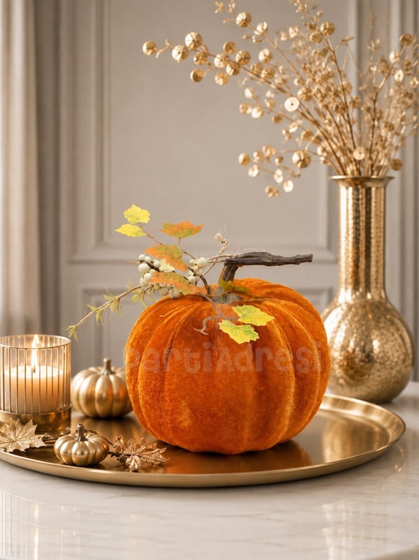 Dekoratif Turuncu Kadife Balkabağı 18 cm – Halloween ve Sonbahar Dekorasyonu    - Balkabakları | Parti Adresi