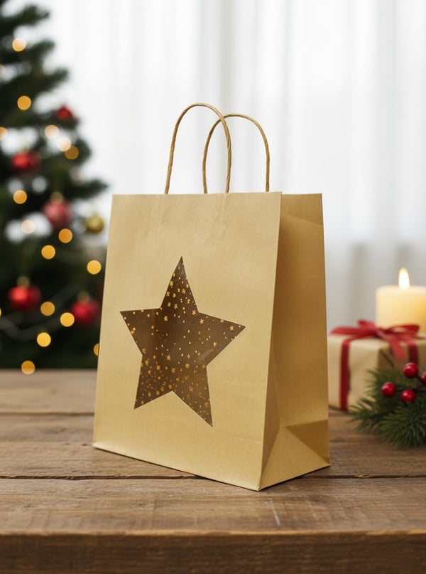 Karton Çanta Yıldız Pencereli Alışveriş Çantası Hediye Çantası Kraft 26x32x12 cm