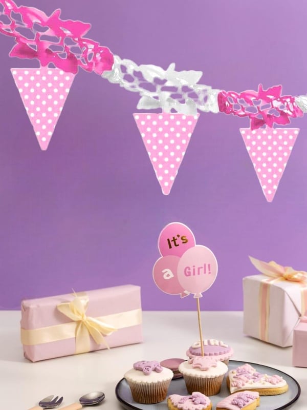 Kağıt Zincir Bayrak Parti Süsü Pembe Puantiyeli  50'li