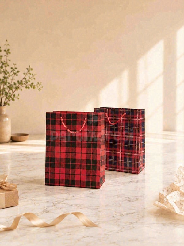 Ekose Desenli Karton Hediye Çantası – Alışveriş Çantası 18x23x10 cm 12'li  - Desenli Karton Çanta | Parti Adresi